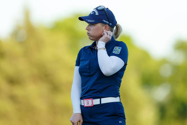 THE COLONY, TX - MAY 05: Morgan Pressel reacts after just missing her putt on 3 during the LPGA Golf Damen Volunteers of America Texas Classic on May 5, 2018 at the Old American Golf Club in The Colony, TX. (Photo by Andrew Dieb Icon Sportswire) GOLF: MAY 05 LPGA - Volunteers of America Texas Classic Icon180505665 EDITORIAL USE ONLY