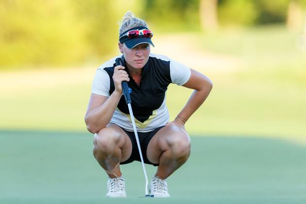 THE COLONY, TX - MAY 05: Nicole Broch Larsen of Denmark lines up her putt on 3 during the LPGA Golf Damen Volunteers of America Texas Classic on May 5, 2018 at the Old American Golf Club in The Colony, TX. (Photo by Andrew Dieb Icon Sportswire) GOLF: MAY 05 LPGA - Volunteers of America Texas Classic Icon180505668 EDITORIAL USE ONLY
