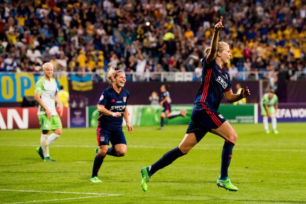 180524 Ada Hegerberg of Lyon celebrates after 3-1 during the UEFA Women s Champions League final between VfL Wolfsburg and Olympique Lyonnais on May 24, 2018 in Kyiv. Photo: Vegard Wivestad Grott BILDBYRAN kod VG 170174 Copyright: VEGARDxWIVESTADxGRoTT BB180524BB070