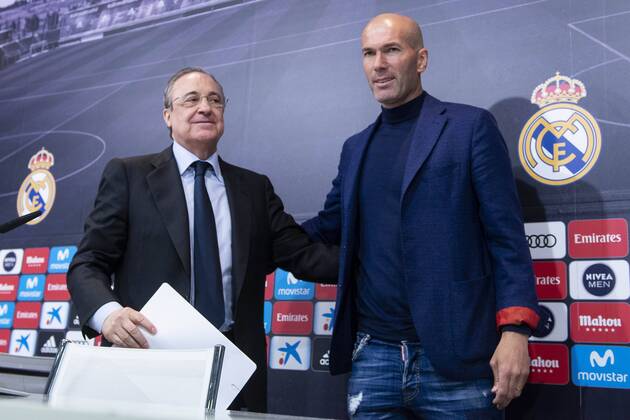 Themen der Woche - SPORT KW22 Bilder des Tages - SPORT Real Madrid president Florentino Perez and coach Zinedine Zidane during press conference PK Pressekonferenz to announce he leave the Real Madrid in Madrid, Spain. May 31, 2018.  (20180531023)