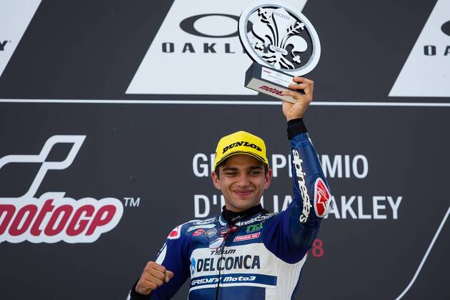 June 3, 2018 - Mugello, FI, Italy - Jorge Martn of Del Conca Gresini celebrate the victory of the Moto 3 Oakley Grand Prix of Italy, at International Circuit of Mugello, on May 31, 2018 in Mugello, Italy MotoGp Of Italy - Moto 3 Podium  - ZUMAn230 20180603_zaa_n230_519 Copyright: xDaniloxDixGiovannix