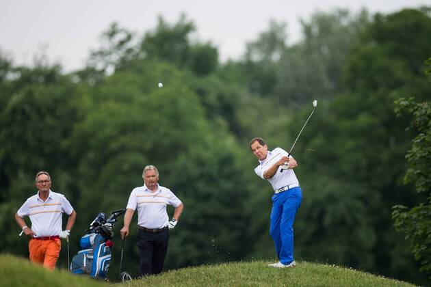 GOLF - PGA Golf Herren Shot Clock Masters 2018 ATZENBRUGG,AUSTRIA,06.JUN.18 - GOLF - PGA European Tour, Shot Clock Masters, Diamond Country Club, ProAm. Image shows Martin Gross, sporting director Hans Pum (OESV) and Michael Berger (ORF). GEPAxpictures xDanielxGoetzhaber