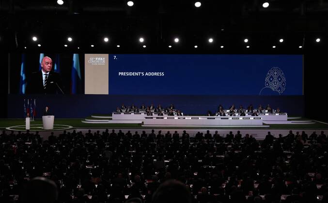 (180613) -- MOSCOW, June 13, 2018 -- FIFA President Gianni Infantino delivers a speech at the 68th FIFA Congress in Moscow, Russia, on June 13, 2018. The 68th FIFA Congress opened here on Wednesday, one day before the first match of the 2018 World Cup in Russia kicked off. ) (SP)RUSSIA-MOSCOW-68TH FIFA CONGRESS XuxZijian 