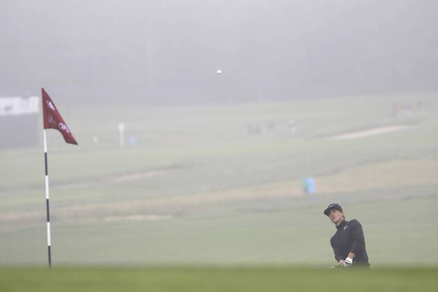 Thorbjorn Olesen of Denmark hits a pitch shot to the 9th green on the Wednesday before the 118th U.S. Open Championship at Shinnecock Hills Golf Club in Southampton, New York on June 13, 2018.  NYP20180613306 JOHNxANGELILLO