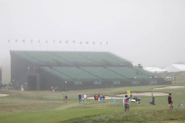 A mostly empty grandstand is situated on the course on the Wednesday before the 118th U.S. Open Championship at Shinnecock Hills Golf Club in Southampton, New York on June 13, 2018.  NYP20180613308 JOHNxANGELILLO