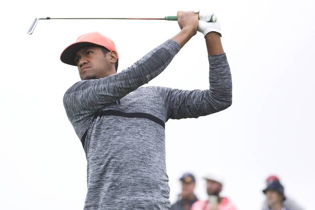 Tony Finau hits a tee shot during a practice round on the Wednesday before the 118th U.S. Open Championship at Shinnecock Hills Golf Club in Southampton, New York on June 13, 2018.  NYP20180613310 JOHNxANGELILLO