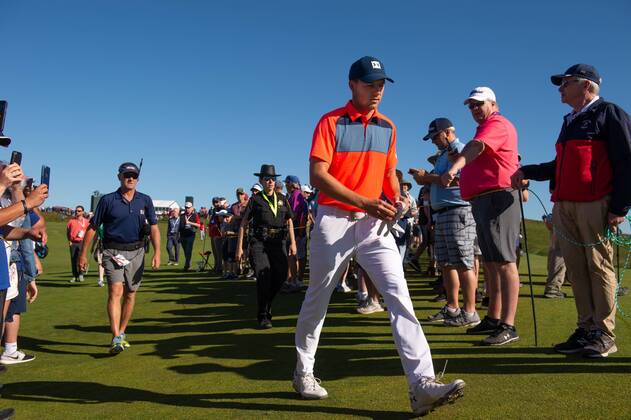 Jordan Spieth walks to the 11th tee box in the first round of the 118th U.S. Open Championship at Shinnecock Hills Golf Club in Southampton, New York on June 14, 2018.  NYP20180614117 COREYxSIPKIN
