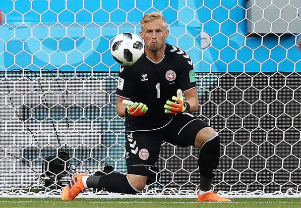 SARANSK, RUSSIA - JUNE 16, 2018: Denmark s goalkeeper Kasper Schmeichel makes a save in a First Stage Group C match between Denmark and Peru at Mordovia Arena at FIFA World Cup WM Weltmeisterschaft Fussball Russia 2018. Stanislav Krasilnikov TASS  TS0849A4
