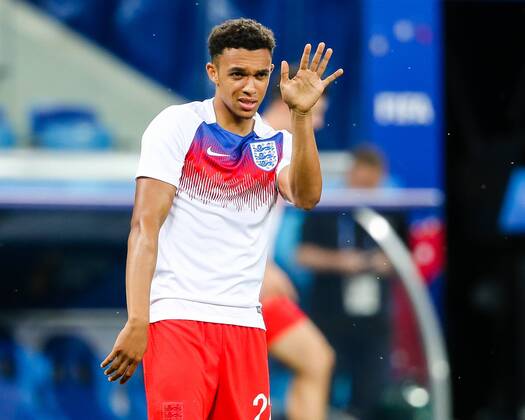 England v Tunisia 2018 FIFA World Cup WM Weltmeisterschaft Fussball Trent Alexander-Arnold England swats flies away (which have become an infestation locally)while warming up before the 2018 FIFA World Cup match at Volgograd Arena, Volgograd Content Not Available For UK Newspapers Copyright: xPaulxChestertonx FIL-11920-0053