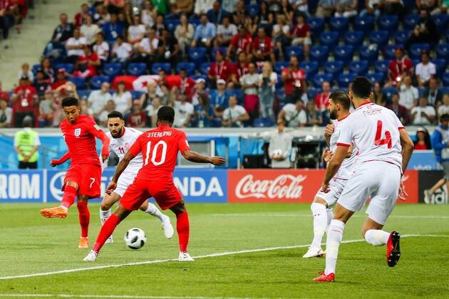 England v Tunisia 2018 FIFA World Cup WM Weltmeisterschaft Fussball Jesse Lingard strikes at goal during the England v Tunisia 2018 FIFA World Cup match at Volgograd Arena, Volgograd Content Not Available For UK Newspapers Copyright: xPaulxChestertonx FIL-11920-0062