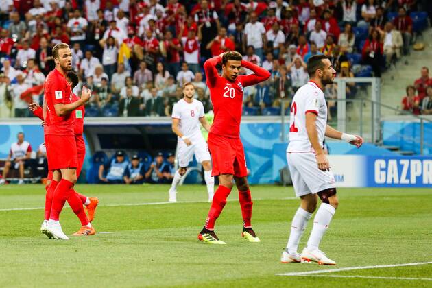 England v Tunisia 2018 FIFA World Cup WM Weltmeisterschaft Fussball Harry Kane and Dele Alli gasp at a near miss by Jesse Lingard of England during the England v Tunisia 2018 FIFA World Cup match at Volgograd Arena, Volgograd Content Not Available For UK Newspapers Copyright: xPaulxChestertonx FIL-11920-0064