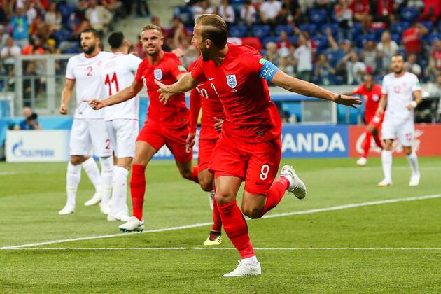 England v Tunisia 2018 FIFA World Cup WM Weltmeisterschaft Fussball Harry Kane of England celebrates scoring their first goal during the England v Tunisia 2018 FIFA World Cup match at Volgograd Arena, Volgograd Content Not Available For UK Newspapers Copyright: xPaulxChestertonx FIL-11920-0075