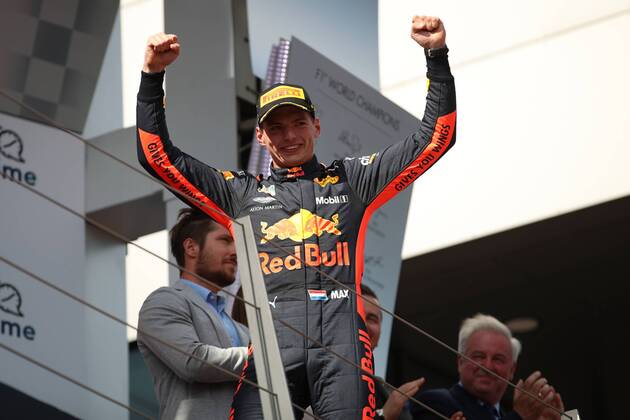 FORMULA 1 - GP of Austria 2018 SPIELBERG,AUSTRIA,01.JUL.18 - MOTORSPORTS - Grand Prix of Austria, Red Bull Ring. Image shows the rejoicing of Max Verstappen (NED Aston Martin Red Bull Racing). GEPAxpictures xChristianxWalgram