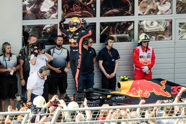 FORMULA 1 - GP of Austria 2018 SPIELBERG,AUSTRIA,01.JUL.18 - MOTORSPORTS - Grand Prix of Austria, Red Bull Ring. Image shows the rejoicing of Max Verstappen (NED Red Bull Racing). GEPAxpictures xMaticxKlansek