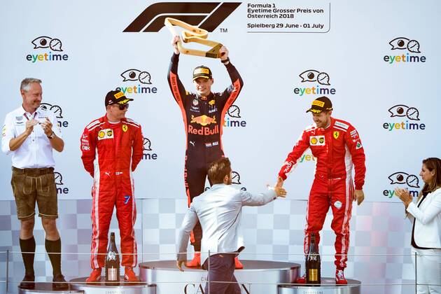 FORMULA 1 - GP of Austria 2018 SPIELBERG,AUSTRIA,01.JUL.18 - MOTORSPORTS - Grand Prix of Austria, Red Bull Ring. Image shows team manager Jonathan Wheatley (Red Bull Racing), Kimi Raikkoenen (FIN Ferrari), the rejoicing of Max Verstappen (NED Red Bull Racing), Sebastian Vettel (GER Ferrari) and Marcel Hirscher. GEPAxpictures xMaticxKlansek