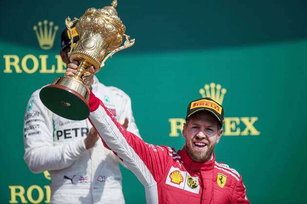 Sport - Bilder des Tages Sebastian Vettel (Scuderia Ferrari) nach dem Gewinn des Grossen Preis von Grossbritannien GBR, FIA, Formel 1, Grosser Preis von Grossbritannien, Rennen Silverstone Copyright: xEIBNER Illmannx EP_EER