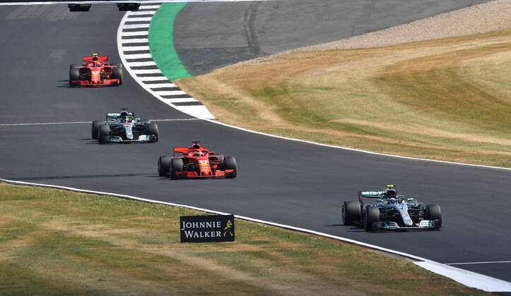 Valtteri Bottas; Sebastian Vettel, Lewis Hamilton; Kimi Raiikkoenen, formula 1 GP, Great Britain in Silverstone 08.07.2018 Photo:mspb Jerry Andre Valtteri Bottas; Sebastian Vettel, Lewis Hamilton; Kimi Raikkoenen, formula 1 GP, Great Britain 2018