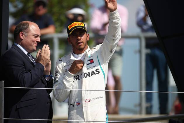 Photo4 LaPresse 08 07 2018 Silverstone, England Grand Prix Formula One England 2018 In the pic: Podium, 2nd place Lewis Hamilton (GBR) Mercedes AMG F1 W09  Copyright: xPhoto4 LaPressex