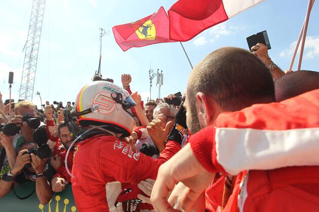 Photo4 LaPresse 08 07 2018 Silverstone, England Grand Prix Formula One England 2018 In the pic: Celebration in parc fermee, Sebastian Vettel (GER) Scuderia Ferrari SF71H  Copyright: xPhoto4 LaPressex