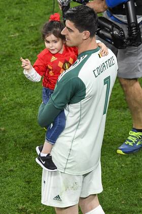 Belgium s goalkeeper Thibaut Courtois and his daughter pictured after the semi final match between the French national soccer team Les Bleus and Belgian national soccer team the Red Devils, in Saint-Petersburg, Russia, Tuesday 10 July 2018. LAURIExDIEFFEMBACQ  x05382594x