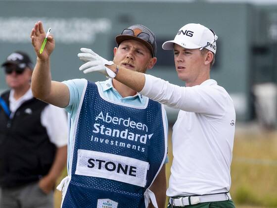 15th July 2018, Gullane Golf Club, Gullane, Scotland; Aberdeen Investments Scottish Open Golf, 4th round; Brandon Stone with caddy on the 16th as he headed for a closing round 60  ActionPlus12048142 AlanxRennie