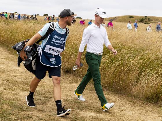 15th July 2018, Gullane Golf Club, Gullane, Scotland; Aberdeen Investments Scottish Open Golf, 4th round; Brandon Stone looking relaxed walking down to the 18th fairway with caddy with a closing round 60  ActionPlus12048159 AlanxRennie