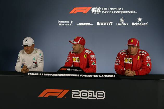 Photo4 LaPresse 21 07 2018 Hockenheimring, Germany Grand Prix Formula One Germany 2018 In the pic: pole position press conference PK Pressekonferenz 1st position Sebastian Vettel (GER) Scuderia Ferrari SF71H 2nd position Valtteri Bottas (FIN) Mercedes AMG F1 W09 3rd position Kimi Raikkonen (FIN) Scuderia Ferrari SF71H Copyright: xPhoto4 LaPressex