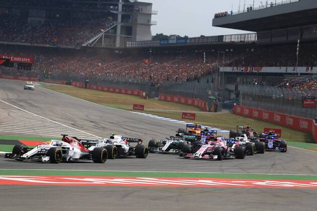 22nd July 2018, Hockenheimring, Hockenheim, Germany; German Formula One Grand Prix, Race Day; Sahara Force India, Esteban Ocon through turn 1  ActionPlus12049697 Octane