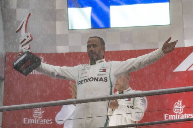 Motorsport: Formel 1, Saison 2018 2019, Rennen am Sonntag, 22.07.2018, am Hockenheimring in Hockenheim (Deutschland). Lewis Hamilton (Mercedes AMG Petronas) jubelt auf dem Siegerpodest. Copyright: xInderliedx