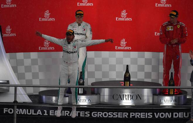 Lewis Hamilton; Valtteri Bottas; Mercedes Grand Prix, Kimi Raiikkoenen, Scuderia Ferrari, formula 1 GP, Germany in Hockenheim, 22.07.2018 Photo:mspb Jerry Andre Podium, Lewis Hamilton; Valtteri Bottas; Kimi Raikkoenen, formula 1 GP, Germany 2018