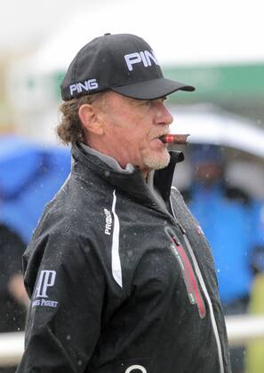 29th July 2018, Old Course at St Andrews, St Andrews, Scotland; The 2018 Senior Open Golf Championships, 4th round; Overnight leader Miguel Angel Jimenez (ESP) walks onto the first tee as the rain falls on St Andrews  ActionPlus12051549 AlanxMartin