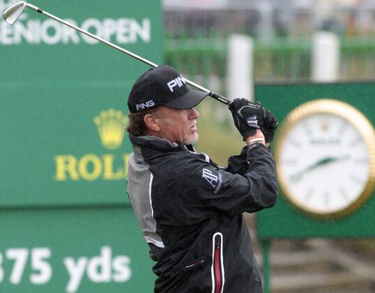 29th July 2018, Old Course at St Andrews, St Andrews, Scotland; The 2018 Senior Open Golf Championships, 4th round; Overnight leader Miguel Angel Jimenez (ESP) plays his tee shot on the opening hole  ActionPlus12051555 AlanxMartin