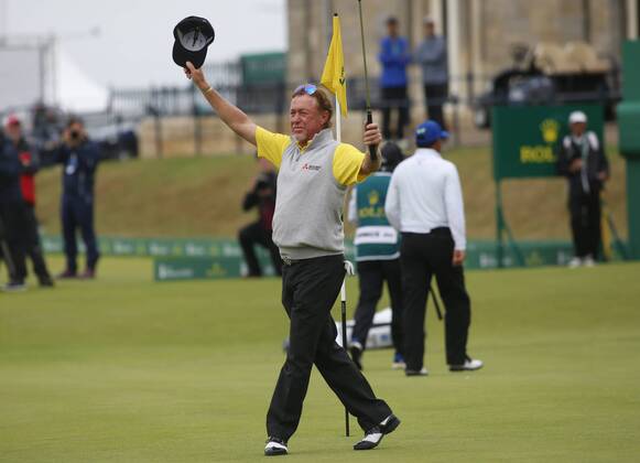 29th July 2018, Old Course at St Andrews, St Andrews, Scotland; The 2018 Senior Open Golf Championships, 4th round; This year s winner Miguel Angel Jimenez (ESP) celebrates after sinking his winning putt on the 18th green to finish on 12 under par  ActionPlus12051776 AlanxMartin