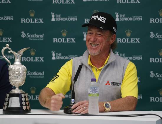 29th July 2018, Old Course at St Andrews, St Andrews, Scotland; The 2018 Senior Open Golf Championships, 4th round; Miguel Angel Jimenez (ESP) speaks to the media after winning the tournament with a score of 12 under par  ActionPlus12051779 AlanxMartin