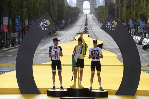 PARIS CHAMPS-ELYSEES, FRANCE - JULY 29 : DUMOULIN Tom (NED) of Team Sunweb, THOMAS Geraint (GBR) of Team SKY, FROOME Chris (GBR) of Team SKY pictured on the podium during stage 21 of the 105th edition of the 2018 Tour de France cycling race, a stage of 116 kms between Houilles and Paris Champs-Elysees on July 29, 2018 in Paris Champs-Elysees, France, 29 07 18 CYCLISME : Tour de France - Etape 21 - Houilles Paris Champs-Elysees - 29 07 2018 PhotoNews Panoramic 