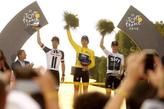 PARIS CHAMPS-ELYSEES, FRANCE - JULY 29 : DUMOULIN Tom (NED) of Team Sunweb, THOMAS Geraint (GBR) of Team SKY, FROOME Chris (GBR) of Team SKY pictured on the podium during during stage 21 of the 105th edition of the 2018 Tour de France cycling race, a stage of 116 kms between Houilles and Paris Champs-Elysees on July 29, 2018 in Paris Champs-Elysees, France, 29 07 18 CYCLISME : Tour de France - Etape 21 - Houilles Paris Champs-Elysees - 29 07 2018 PhotoNews Panoramic 