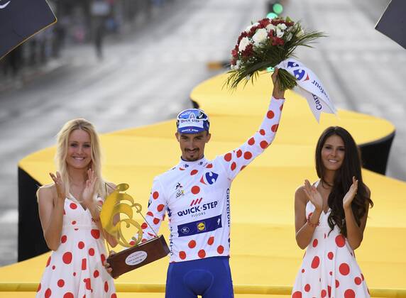 PARIS CHAMPS-ELYSEES, FRANCE - JULY 29 : ALAPHILIPPE Julian (FRA) of Quick - Step Floors pictured on the podium during stage 21 of the 105th edition of the 2018 Tour de France cycling race, a stage of 116 kms between Houilles and Paris Champs-Elysees on July 29, 2018 in Paris Champs-Elysees, France, 29 07 18 CYCLISME : Tour de France - Etape 21 - Houilles Paris Champs-Elysees - 29 07 2018 PhotoNews Panoramic 