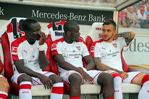 VfB Stuttgart - Atletico Madrid Deutschland, Stuttgart, 05.08.2018, Fussball, Bundesliga, Saison 2018 2019, Testspiel, VfB Stuttgart - Atletico Madrid: v.l. Chadrac Akolo, Orel Mangala, Anastasios Donis (alle VfB Stuttgart).