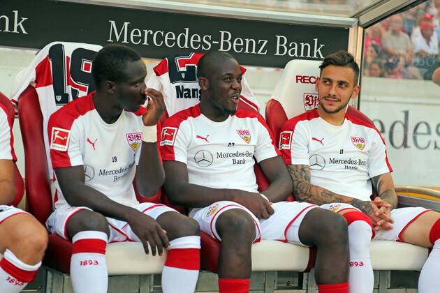 VfB Stuttgart - Atletico Madrid Deutschland, Stuttgart, 05.08.2018, Fussball, Bundesliga, Saison 2018 2019, Testspiel, VfB Stuttgart - Atletico Madrid: v.l. Chadrac Akolo, Orel Mangala, Anastasios Donis (alle VfB Stuttgart).