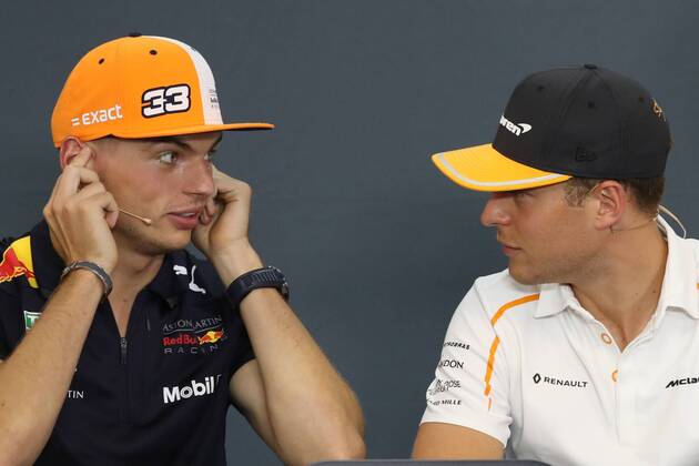Red Bull s Dutch driver Max Verstappen and McLaren s Belgian driver Stoffel Vandoorne pictured at a press conference PK Pressekonferenz part of preparations ahead of the Spa-Francorchamps Formula One Grand Prix of Belgium race, in Spa-Francorchamps, Thursday 23 August 2018. BENOITxDOPPAGNE x05411511x