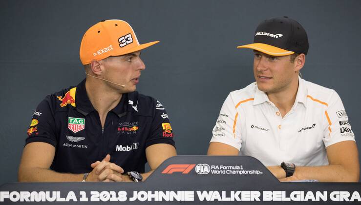 Red Bull s Dutch driver Max Verstappen and McLaren s Belgian driver Stoffel Vandoorne pictured during a press conference PK Pressekonferenz part of preparations ahead of the Spa-Francorchamps Formula One Grand Prix of Belgium race, in Spa-Francorchamps, Thursday 23 August 2018. BENOITxDOPPAGNE x05411517x