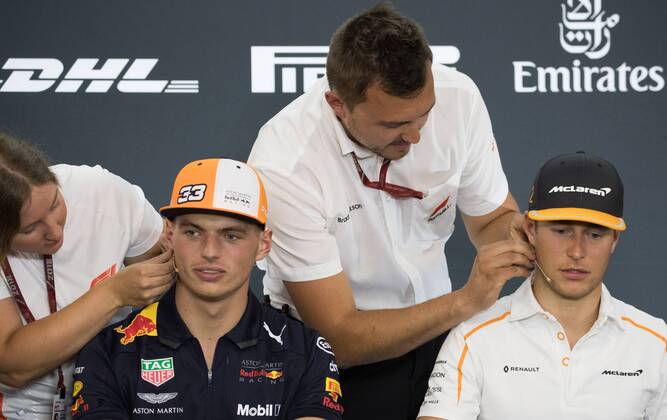 Red Bull s Dutch driver Max Verstappen and McLaren s Belgian driver Stoffel Vandoorne pictured during a press conference PK Pressekonferenz part of preparations ahead of the Spa-Francorchamps Formula One Grand Prix of Belgium race, in Spa-Francorchamps, Thursday 23 August 2018. BENOITxDOPPAGNE x05411516x