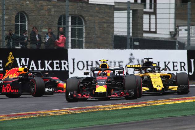 Photo4 LaPresse 25 08 2018 Spa - Francorchamps, Belgium Grand Prix Formula One Belgium 2018 In the pic: Max Verstappen (NED) Red Bull Racing RB14, Daniel Ricciardo (AUS) Red Bull Racing RB14 , Nico Hulkenberg (GER) Renault Sport F1 Team RS18 Copyright: xPhoto4 LaPressex