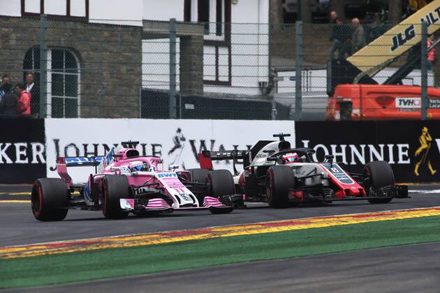 Photo4 LaPresse 25 08 2018 Spa - Francorchamps, Belgium Grand Prix Formula One Belgium 2018 In the pic: Sergio Perez (MEX) Racing Point Force India F1 VJM11 and Romain Grosjean (FRA) Haas F1 Team VF-18 Copyright: xPhoto4 LaPressex