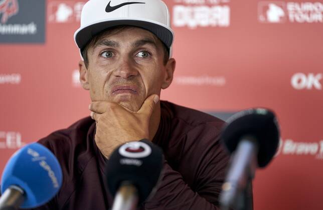 Made in Denmark European Tour Thorbjorn Olesen at the press meeting before the golf tournament Made in Denmark, at Silkeborg Golf Club, Wednesday 29 August 2018. Danmark