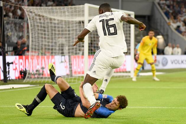 Benjamin Pavard (FRA) und Antonio Rüdiger (GER). Deutschland, Muenchen, 06.09.2018, Fussball, Nationalmannschaft, UEFA Nations League, 1.Spieltag: Deutschland vs Frankreich, Allianz-Arena DFL DFB REGULATIONS PROHIBIT ANY USE OF PHOTOGRAPHS AS IMAGE SEQUENCES AND OR QUASI-VIDEO.