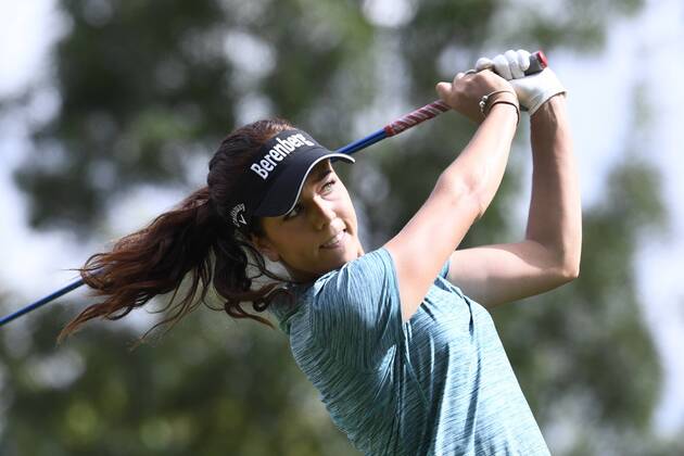 (180914) -- EVIAN, Sept. 14, 2018 -- Georgia Hall of Britain plays a shot during the first round of the Evian Golf Championship on Sept. 13, 2018 in Evian-les-Bains, France. ) (SP)FRANCE-EVIAN-GOLF CHAMPIONSHIP 2018 AlainxGROSCLAUDE 