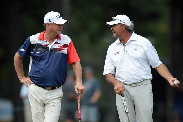 September 15, 2018 - Grand Blanc, Michigan, United States - Carlos Franco of Paraguay (right) talks to Wes Short Jr. of the USA on the 11th green during the second round of The Ally Challenge presented by McLaren at Warwick Hills Golf & Country Club in Grand Blanc, MI, USA Saturday, September 15, 2018. The Ally Challenge 2018  - ZUMAn230 20180915_zaa_n230_1100 Copyright: xJorgexLemusx