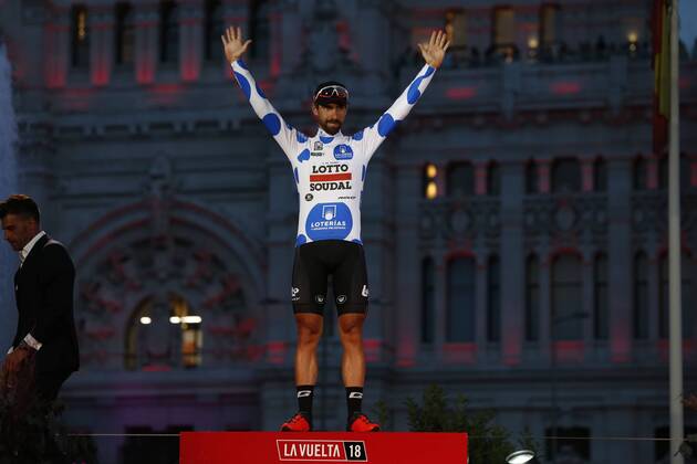 Belgian Thomas De Gendt of Lotto Soudal celebrates on the podium in the polka-dot jersey for best climber after the 21st and final stage of the Vuelta a Espana , Tour of Spain cycling race, 100,9km from Alcorcon to Madrid, Spain, Sunday 16 September 2018. FRANCE OUT YUZURUxSUNADA  x05427747x