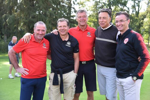 17.09.2018, GER, Hanau, Golf Club Hanau-Wilhelmsbad Eintracht Frankfurt Golf Open Uwe Bein, Andreas Möller, Kurt Klühspies, Klaus Gerster, Alexander Schur DFL regulations prohibit any use of photographs as image sequences and or quasi-video